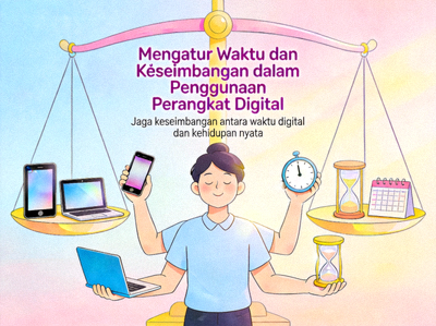 Ilustrasi kreatif tentang mengatur waktu dan keseimbangan dalam penggunaan perangkat digital