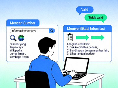 Ilustrasi tentang mencari dan memverifikasi informasi dari sumber yang terpercaya di internet