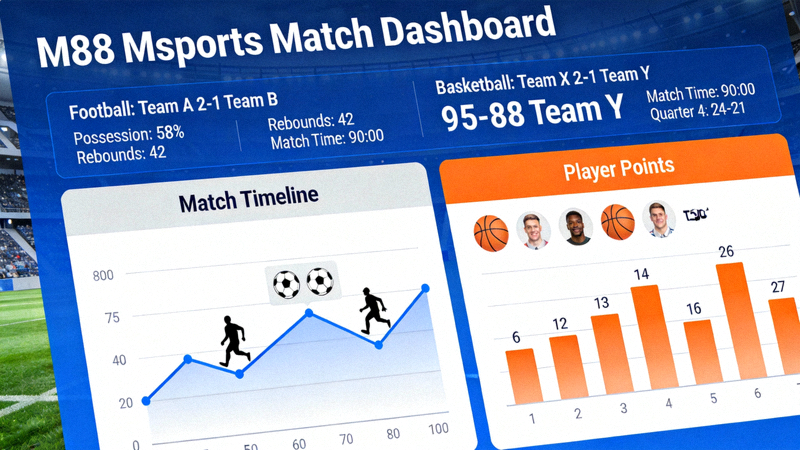 Dashboard M88 Msports menampilkan statistik pertandingan sepak bola dan basket