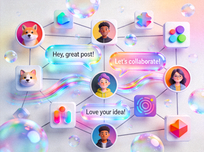 Ilustrasi interaksi komunitas digital dengan berbagai ikon profil pengguna dan percakapan