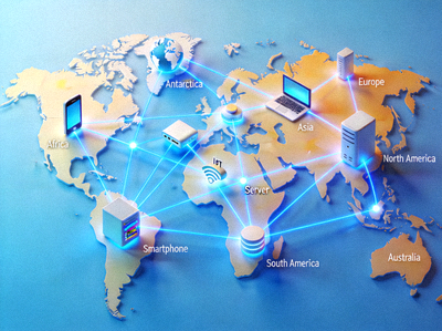 Ilustrasi koneksi jaringan global yang menghubungkan berbagai benua dan perangkat