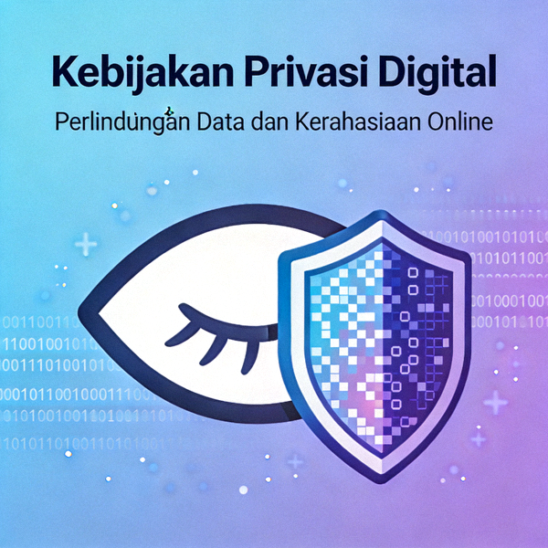 Ilustrasi konsep privasi digital dengan ikon mata tertutup dan perisai pelindung data