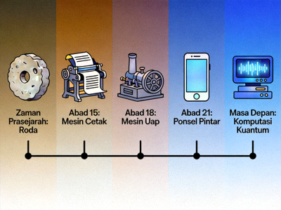 Ilustrasi perkembangan teknologi dari masa lalu ke masa depan dengan garis waktu inovasi